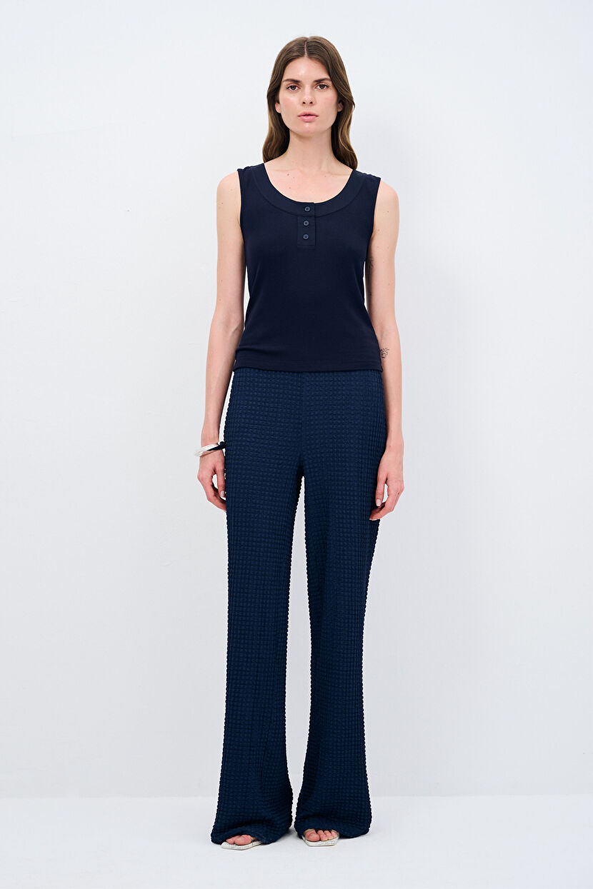 Navy Blue Buttoned Tank Top with Front Placket 102L9611000-018