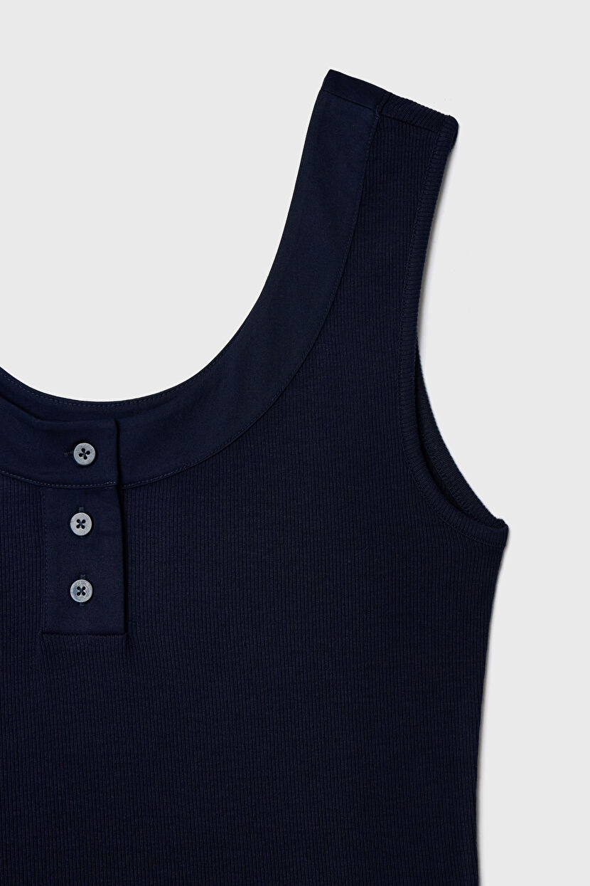 Navy Blue Buttoned Tank Top with Front Placket 102L9611000-018