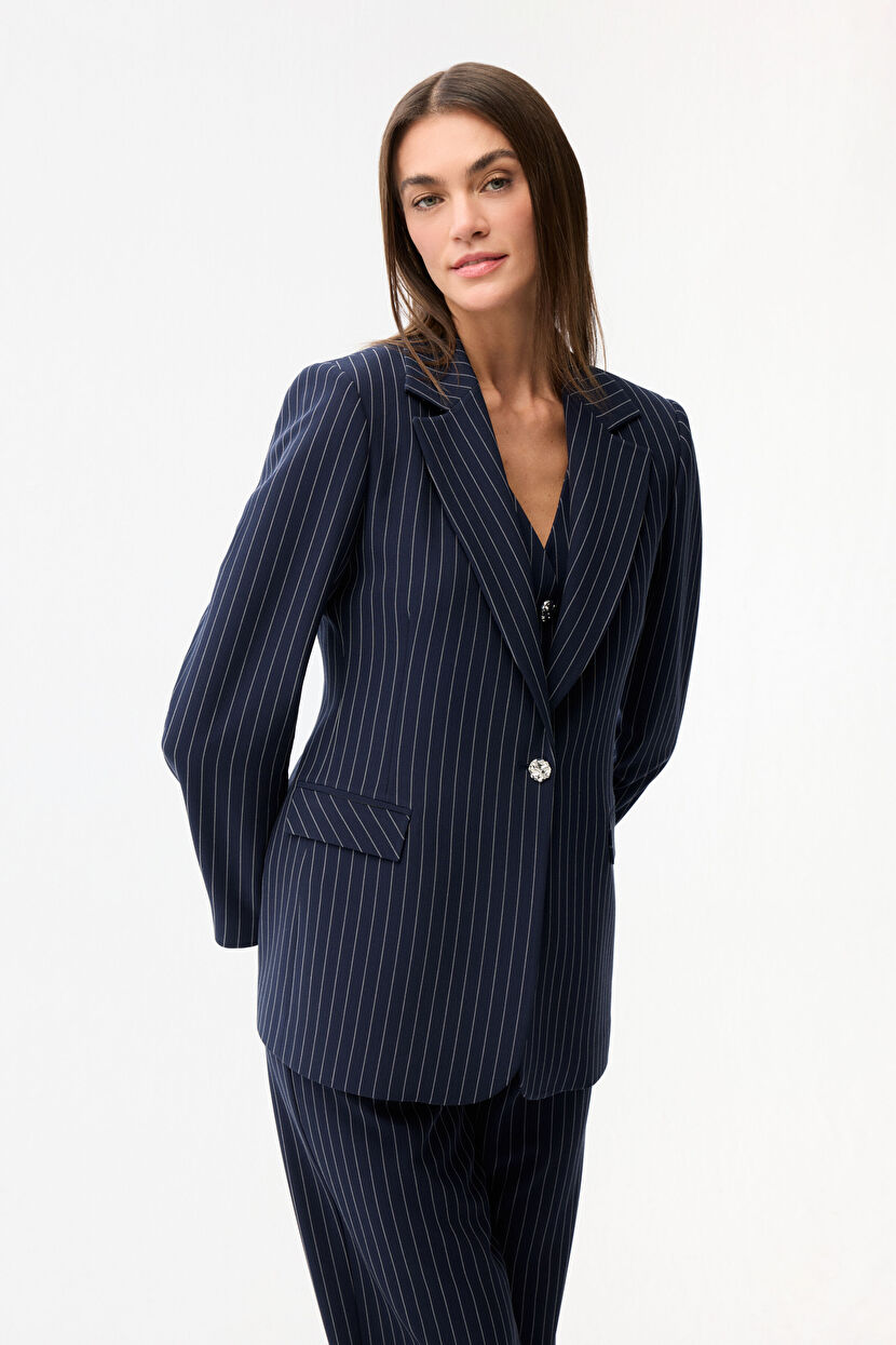 Navy Blue Striped Mono Closure Jacket 119L9154002-118 | Love My Body