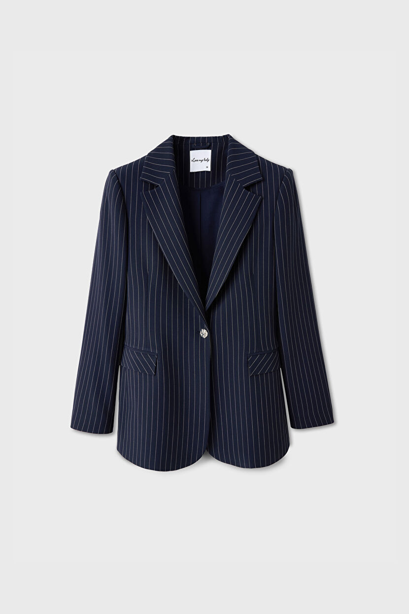 Navy Blue Striped Mono Closure Jacket 119L9154002-118 | Love My Body
