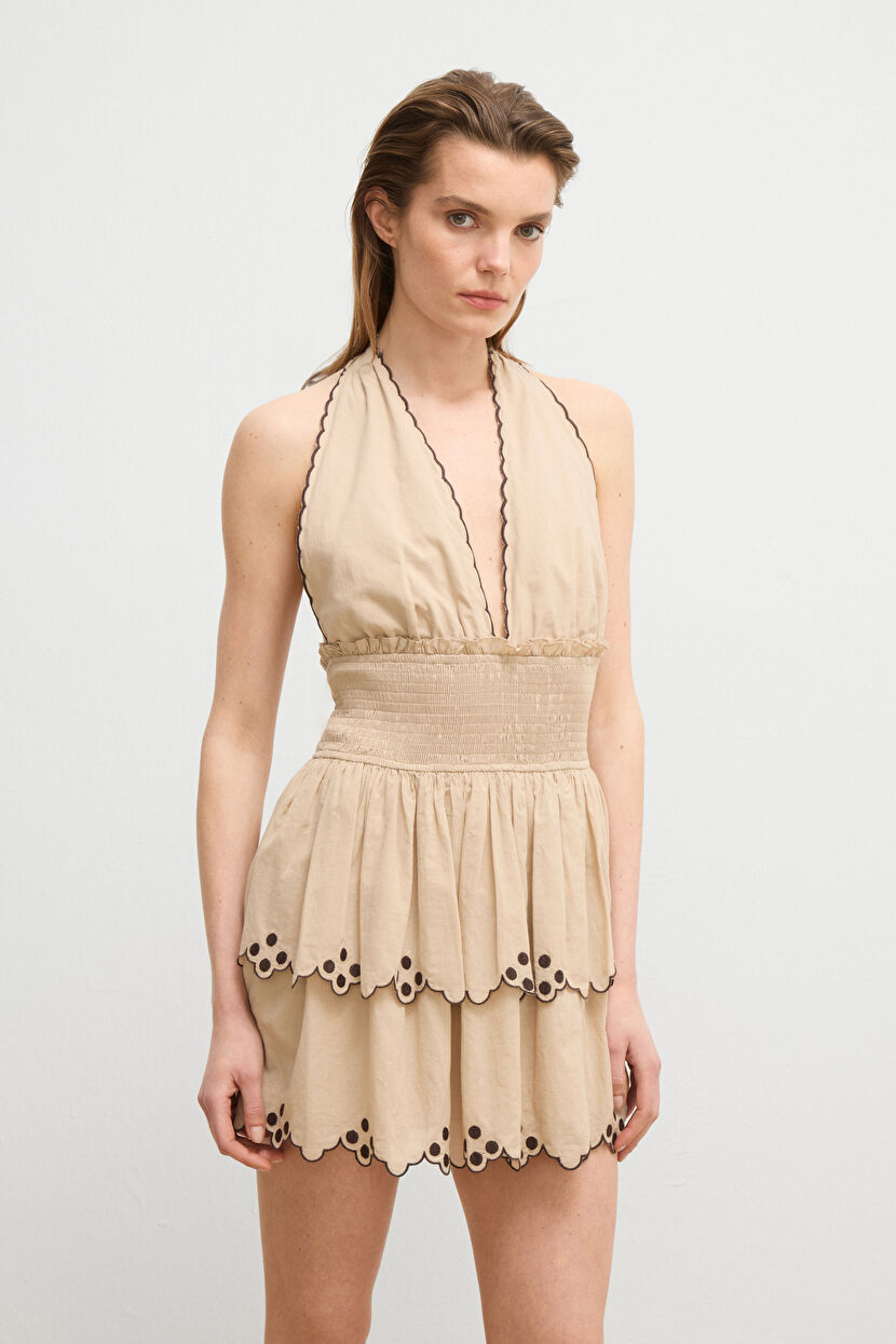 Beige Embroidered Detail V-Neck Dress 124M2334001-011