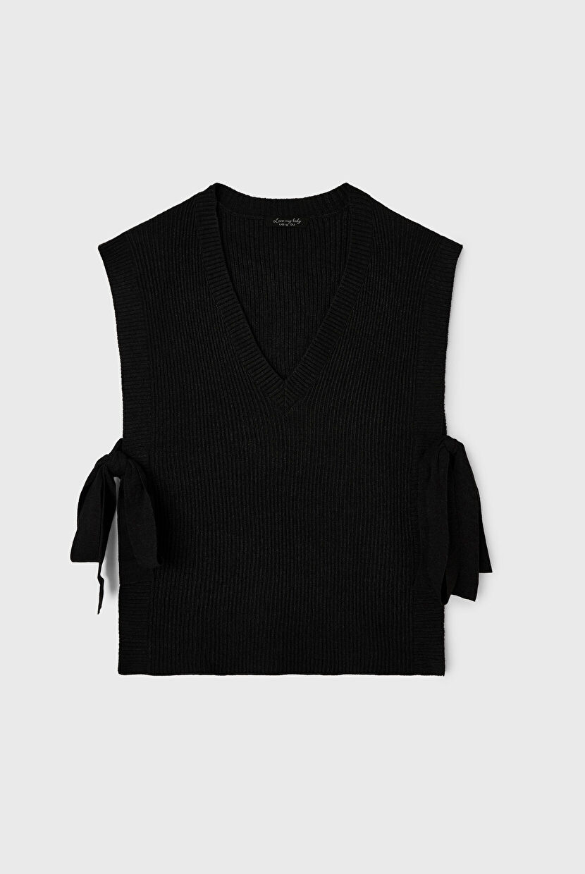Black V-Neck Side Tie Knitwear Sweater 167L8328002-001 | Love My Body