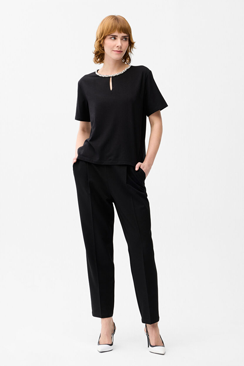 Siyah Yakası taşlı tshirt 175L9570001-001 | Love My Body