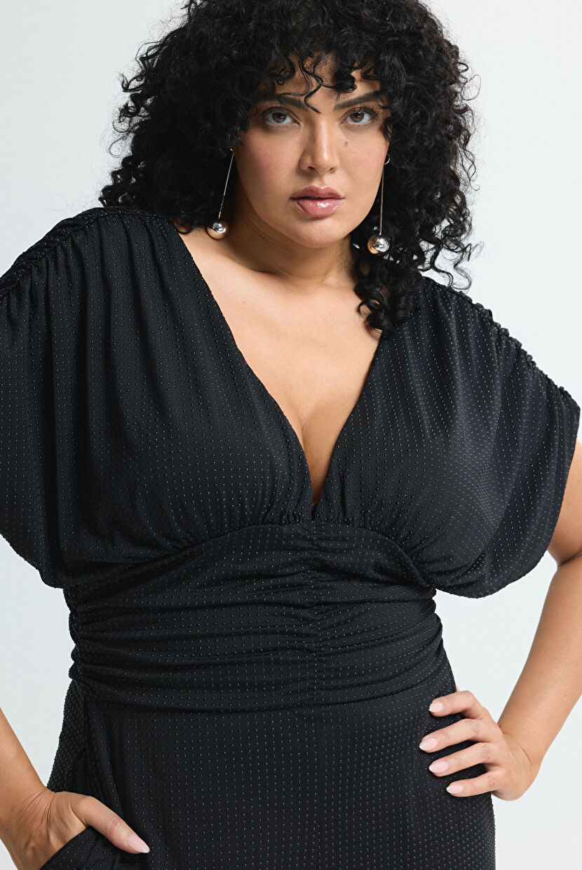 Siyah V Yaka Örme Tulum 182L9566000-001 | Love My Body
